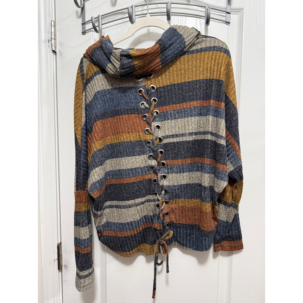 Boho Ariella Womens Striped Ribbed Cowl Neck Sweater Lace Up Back Multi Color L - Picture 2 of 12